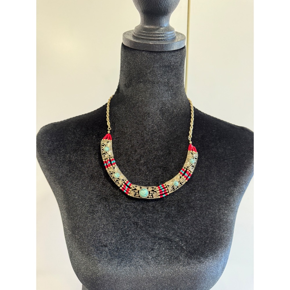 Boho Antique Gold Tone Turquoise Red Seed Bead Filigree Bib Statement Necklace